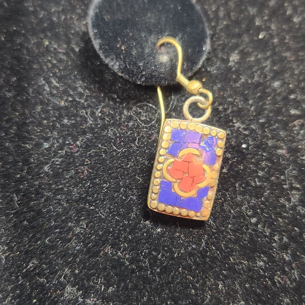 Vintage‎ Brass Mosaic Inlay Drop Earrings Blue Red Stone Rectangular Boho Dangle - Picture 2 of 10